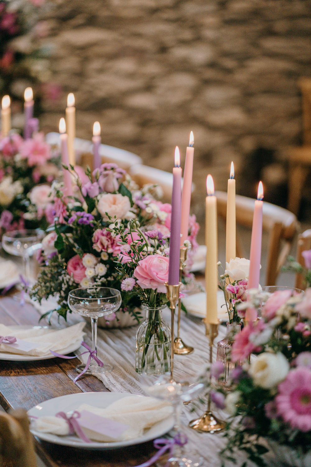 Lancrigg Wedding Olivia Weldon Photography Pink Table Centrepiece Flowers Candles