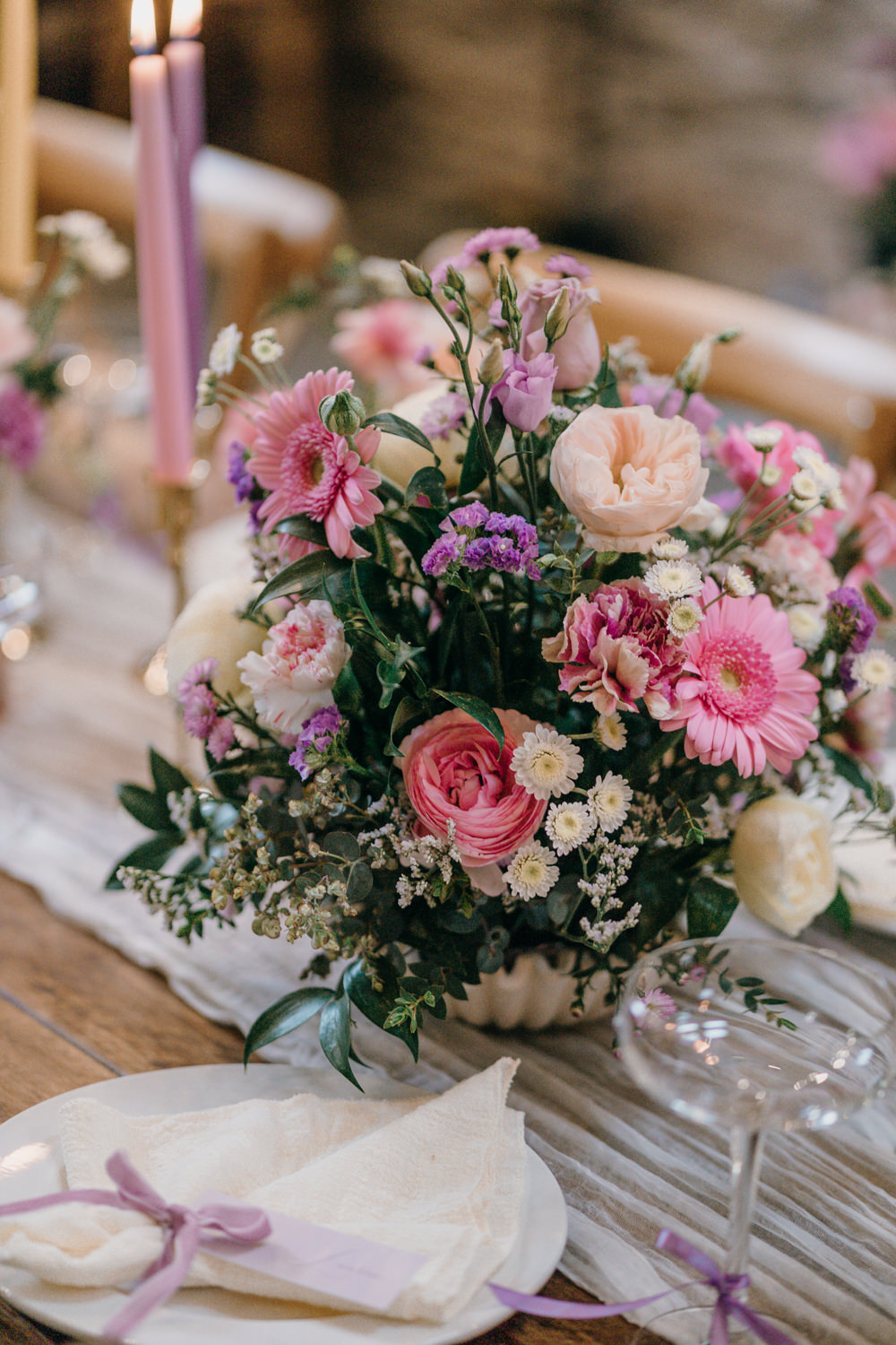 Lancrigg Wedding Olivia Weldon Photography Pink Table Centrepiece Flowers Candles