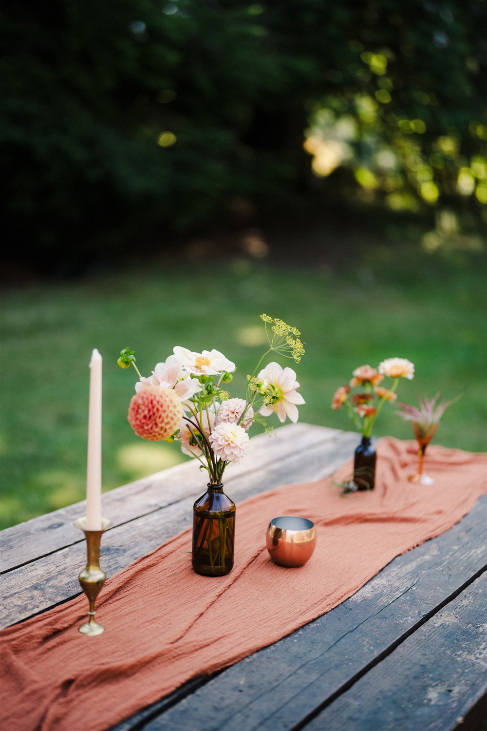 North Cascades National Park Elopement The Foxes Photography Picnic Table Bench Decor Orange Runner Dahlia Flowers Bottles