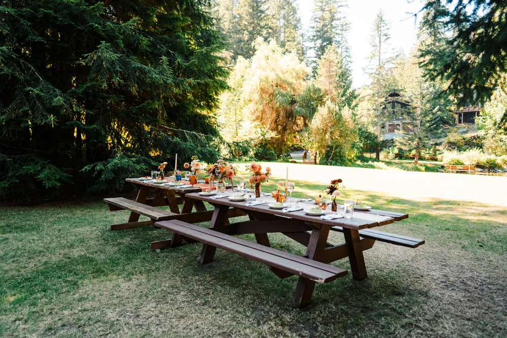 North Cascades National Park Elopement The Foxes Photography Picnic Table Bench Decor Orange Runner Dahlia Flowers Bottles