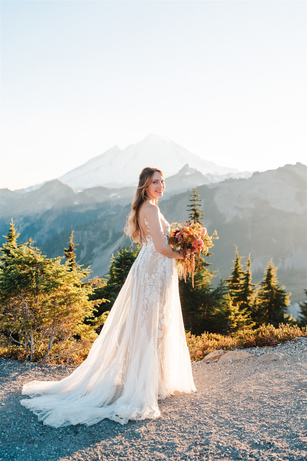 North Cascades National Park Elopement The Foxes Photography Illusion Lace Dress Gown Bride