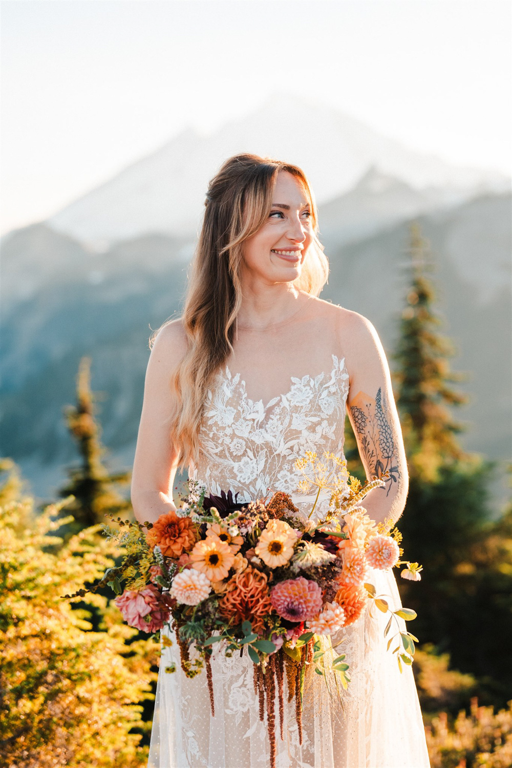 North Cascades National Park Elopement The Foxes Photography Dahlia Orange Bouquet Flowers