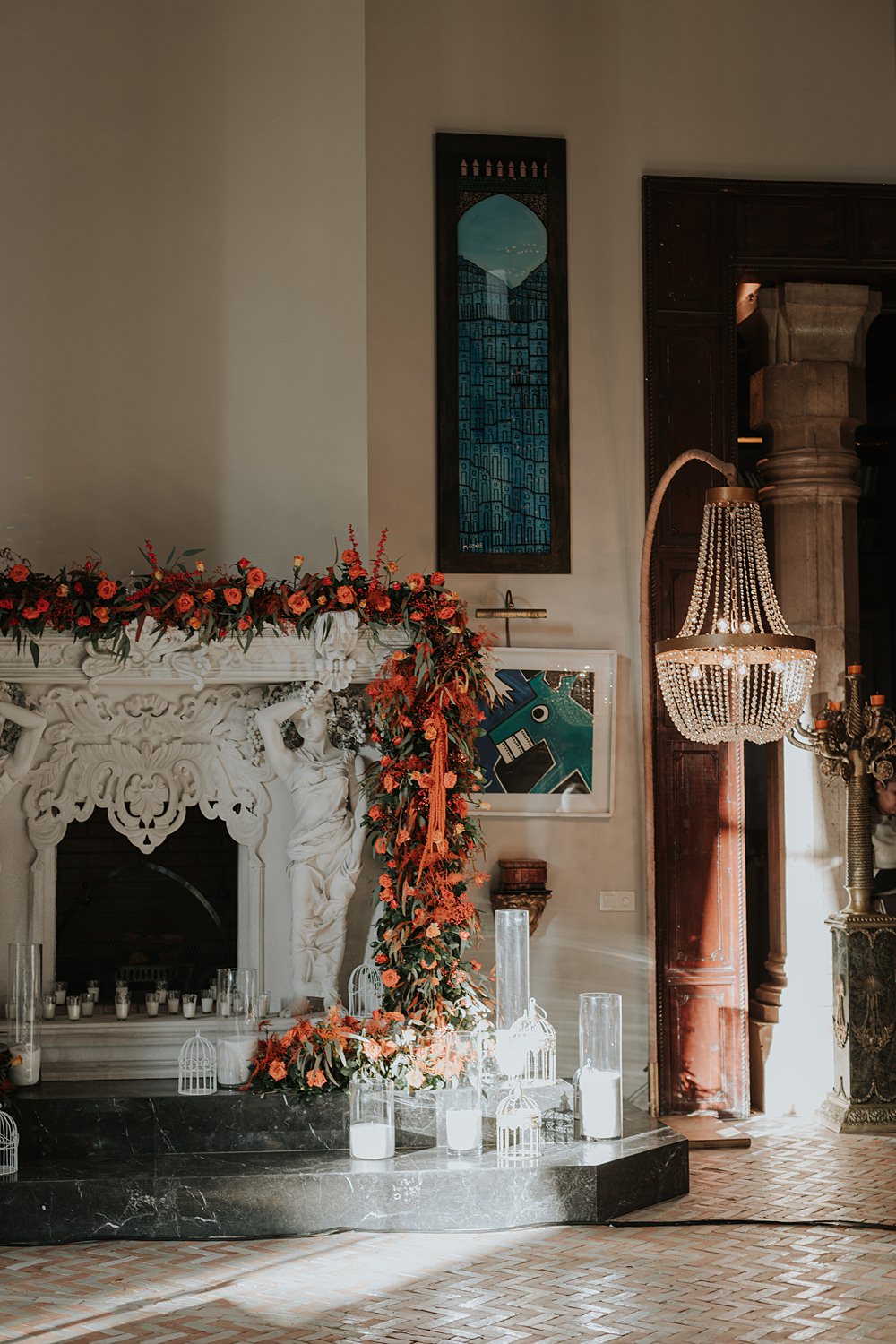 Palais Rhoul Wedding Grace Pham Photography Fireplace Orange Flower Swag