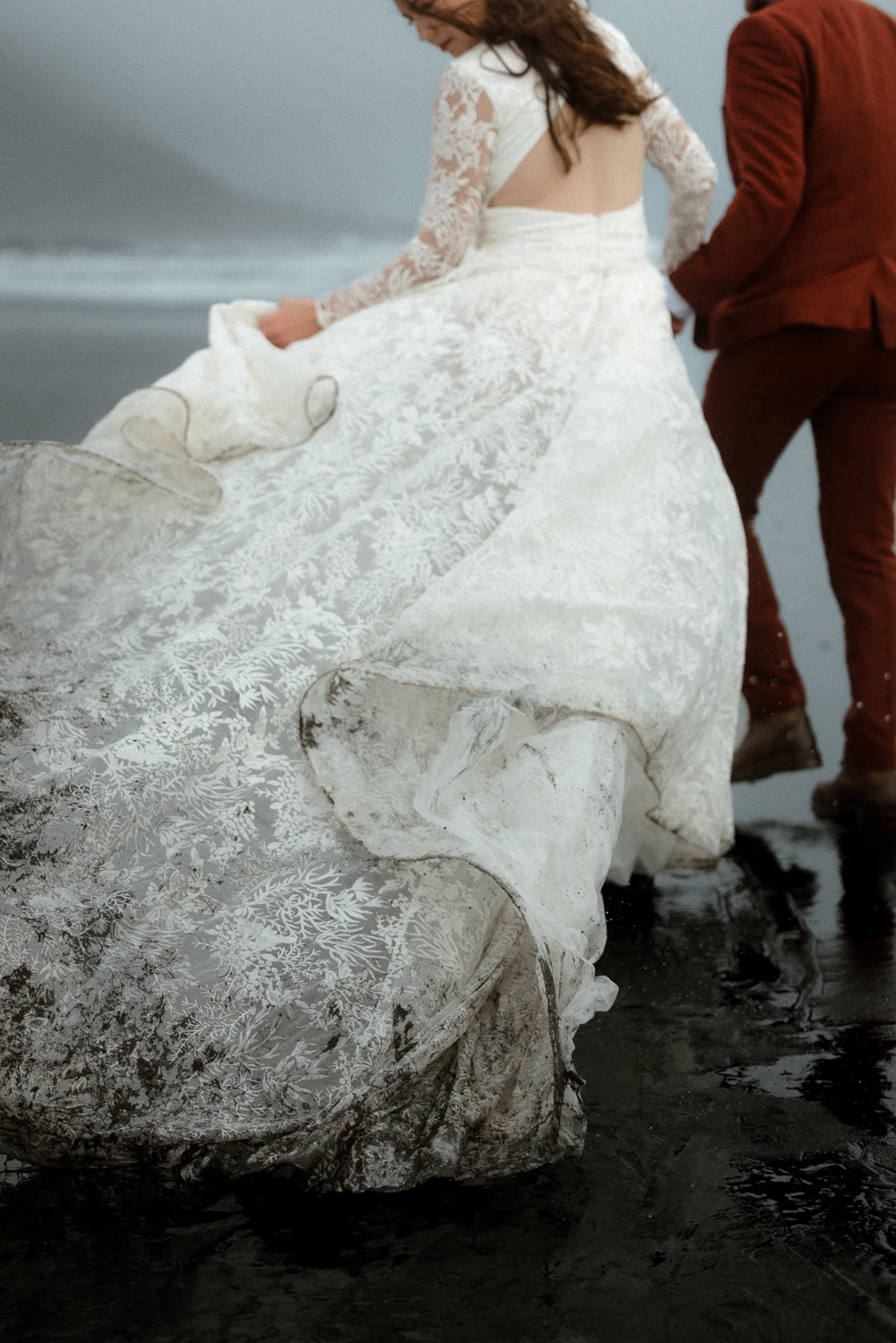 Reynisfjara Iceland Elopement Ast og Hraun Lace Dress Long Sleeves Bride