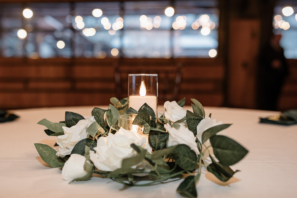 Spruce Mountain Ranch Wedding Michelle Betz Photography Centrepiece Candle Greenery Flowers