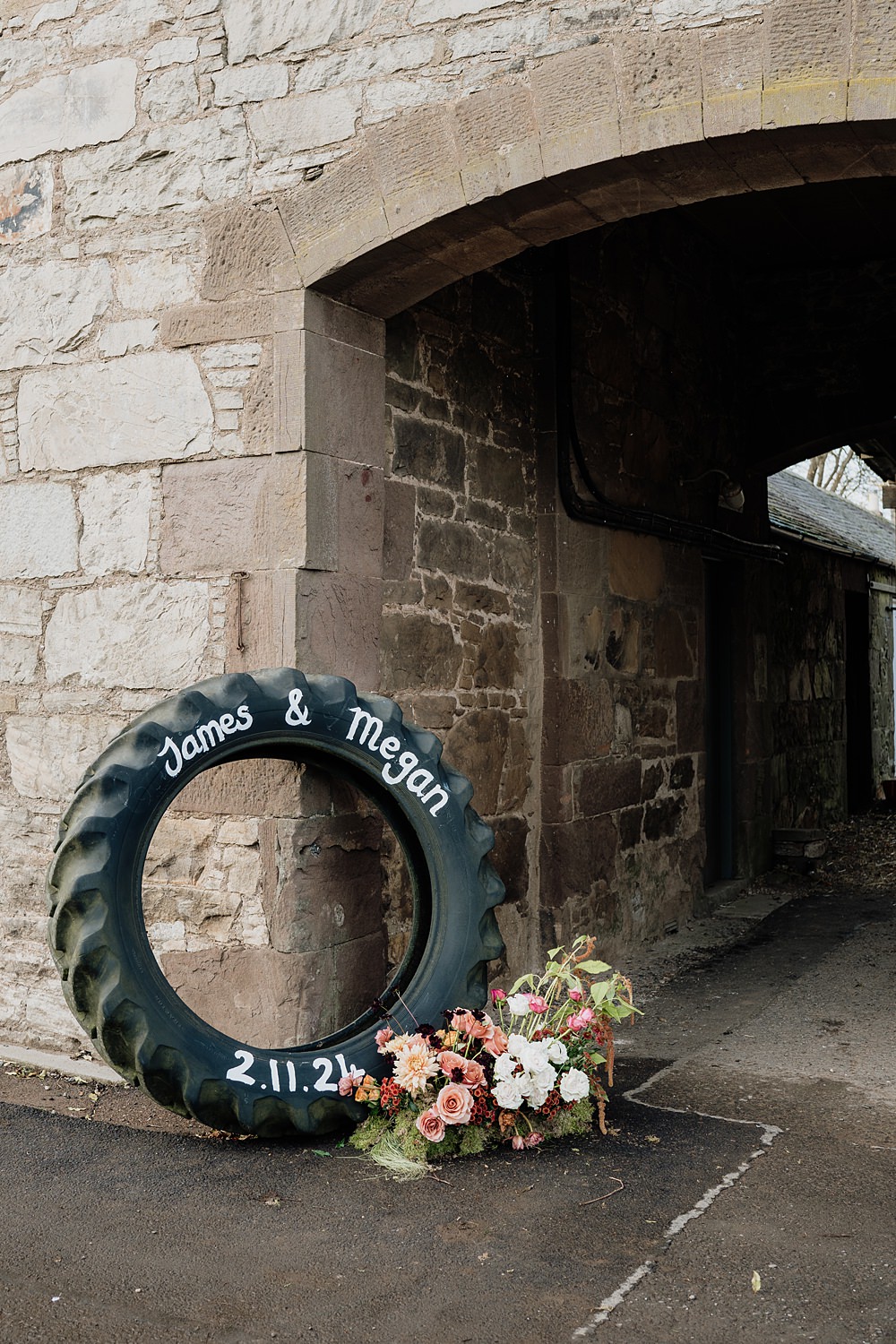 The Barn at Charleton Wedding Scott Arlow Photography Tractor Tyre Sign