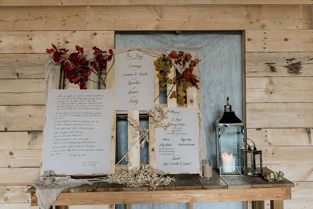 The Barn at Charleton Wedding Scott Arlow Photography Flowers Wooden Pallet Sign