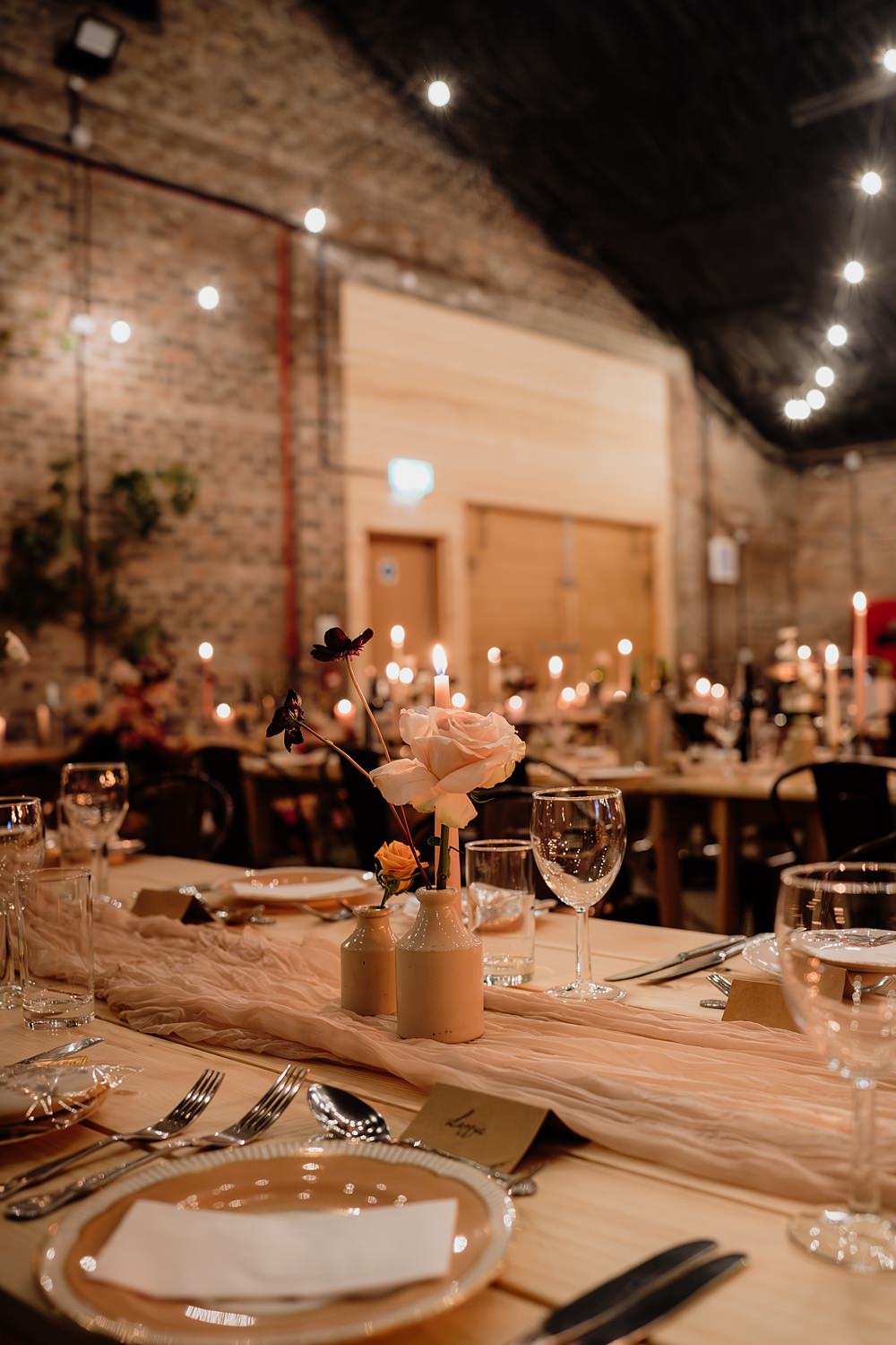 The Barn at Charleton Wedding Scott Arlow Photography Wooden Table Runner Flowers Candles Decor