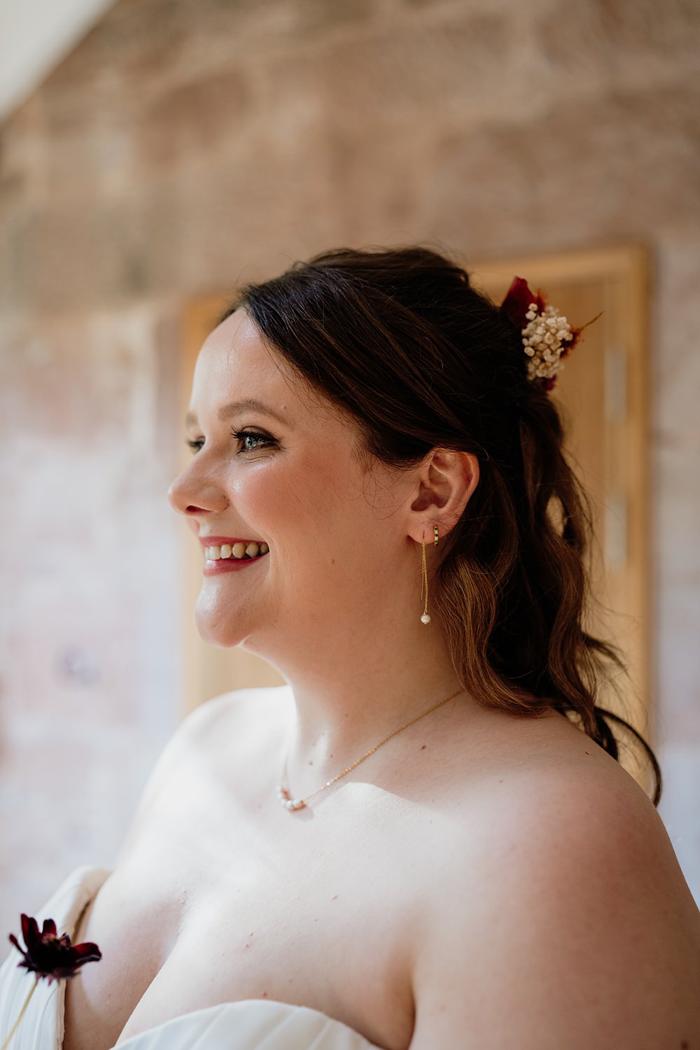 The Barn at Charleton Wedding Scott Arlow Photography Bride Hair Half Up Makeup Earrings
