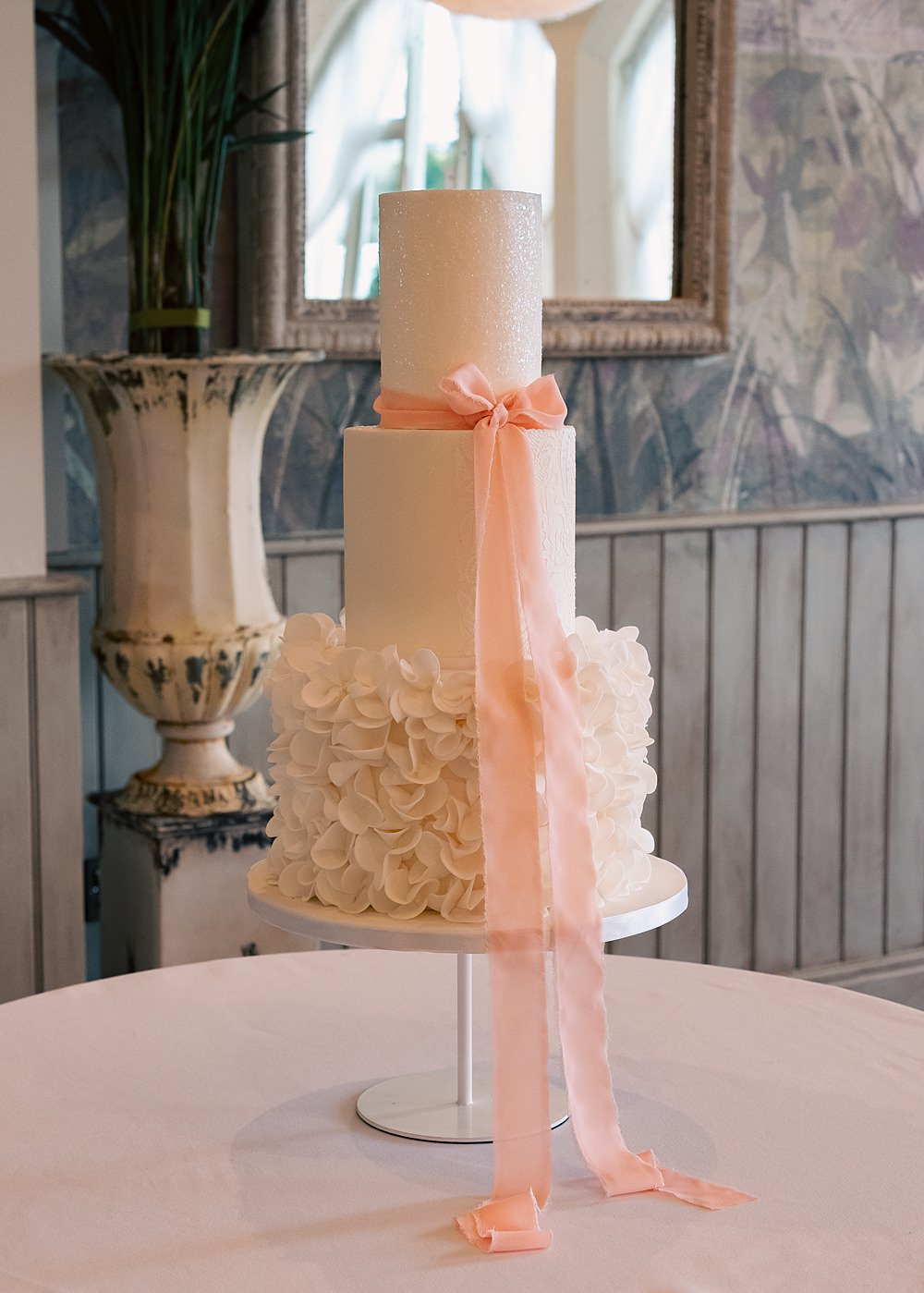 Wennington Hall Wedding Ideas Studio Dark 3 Tier White Cake Peach Ribbon