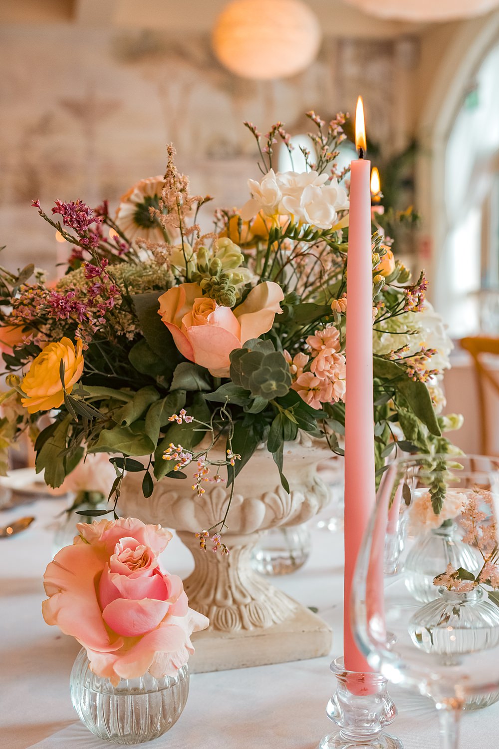 Wennington Hall Wedding Ideas Studio Dark Round Tables Pink Candles Centrepiece Pretty Flowers