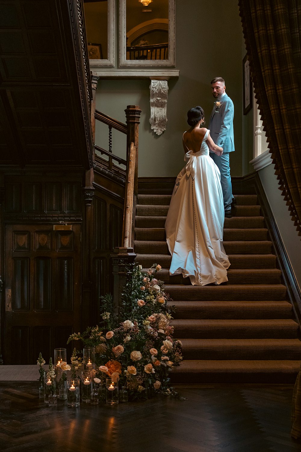 Wennington Hall Wedding Ideas Studio Dark Staircase Flowers Candles