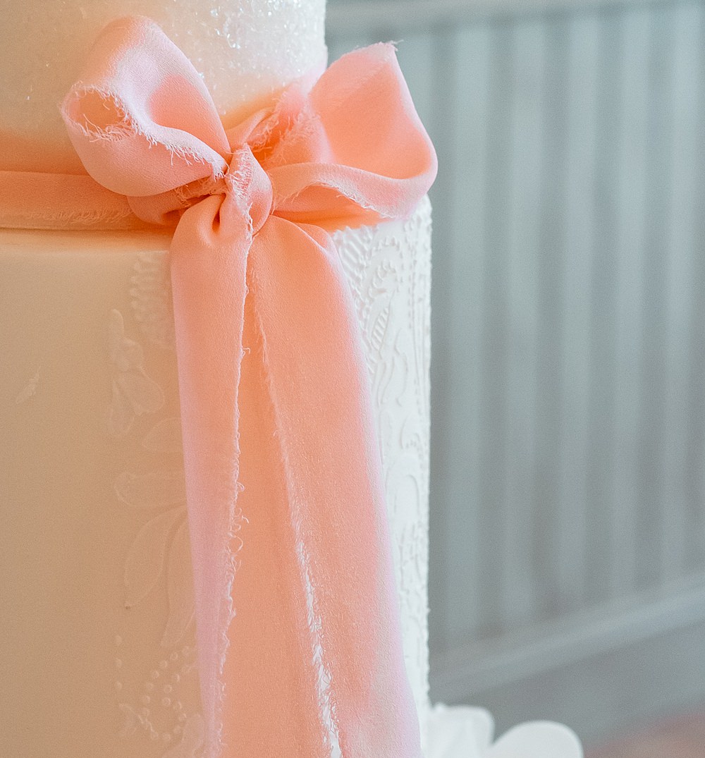Wennington Hall Wedding Ideas Studio Dark 3 Tier White Cake Peach Ribbon