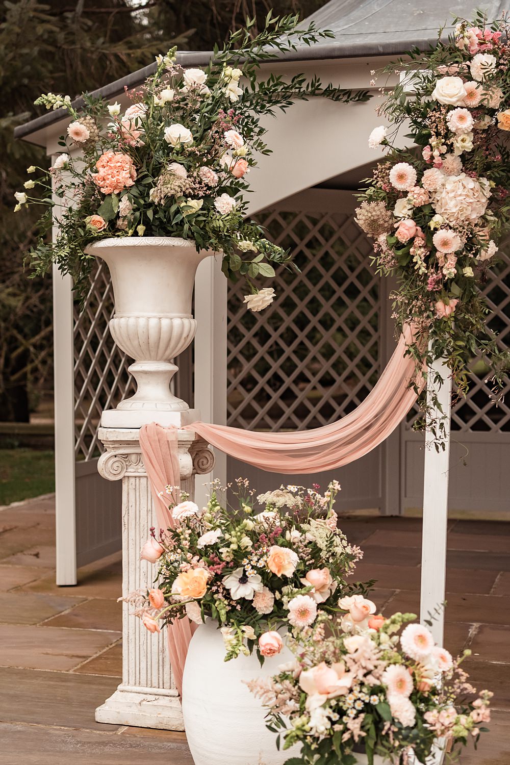 Wennington Hall Wedding Ideas Studio Dark Ceremony Flowers Urns Pink Fabric