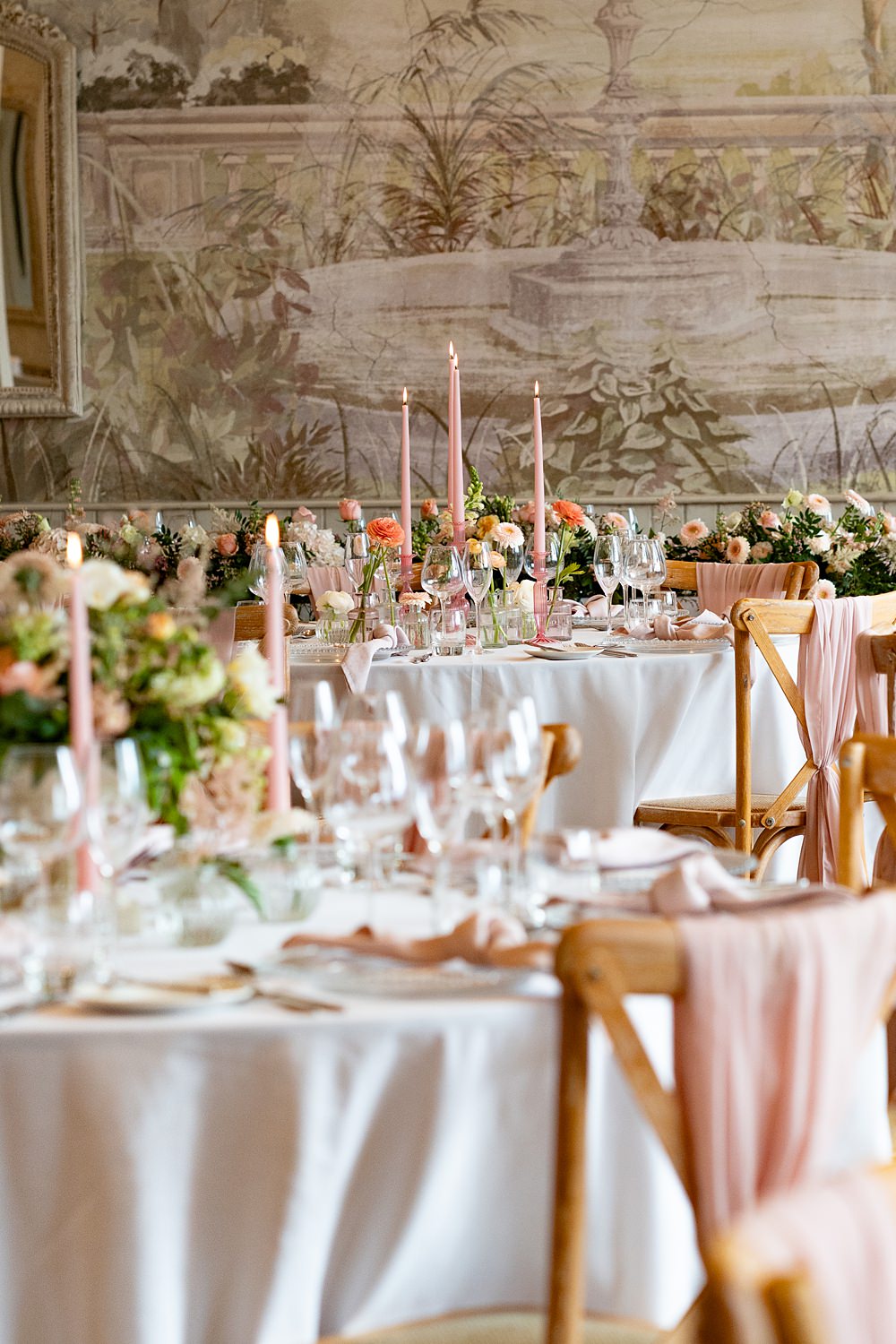 Wennington Hall Wedding Ideas Studio Dark Round Tables Pink Candles Chair Sashes Pretty Flowers