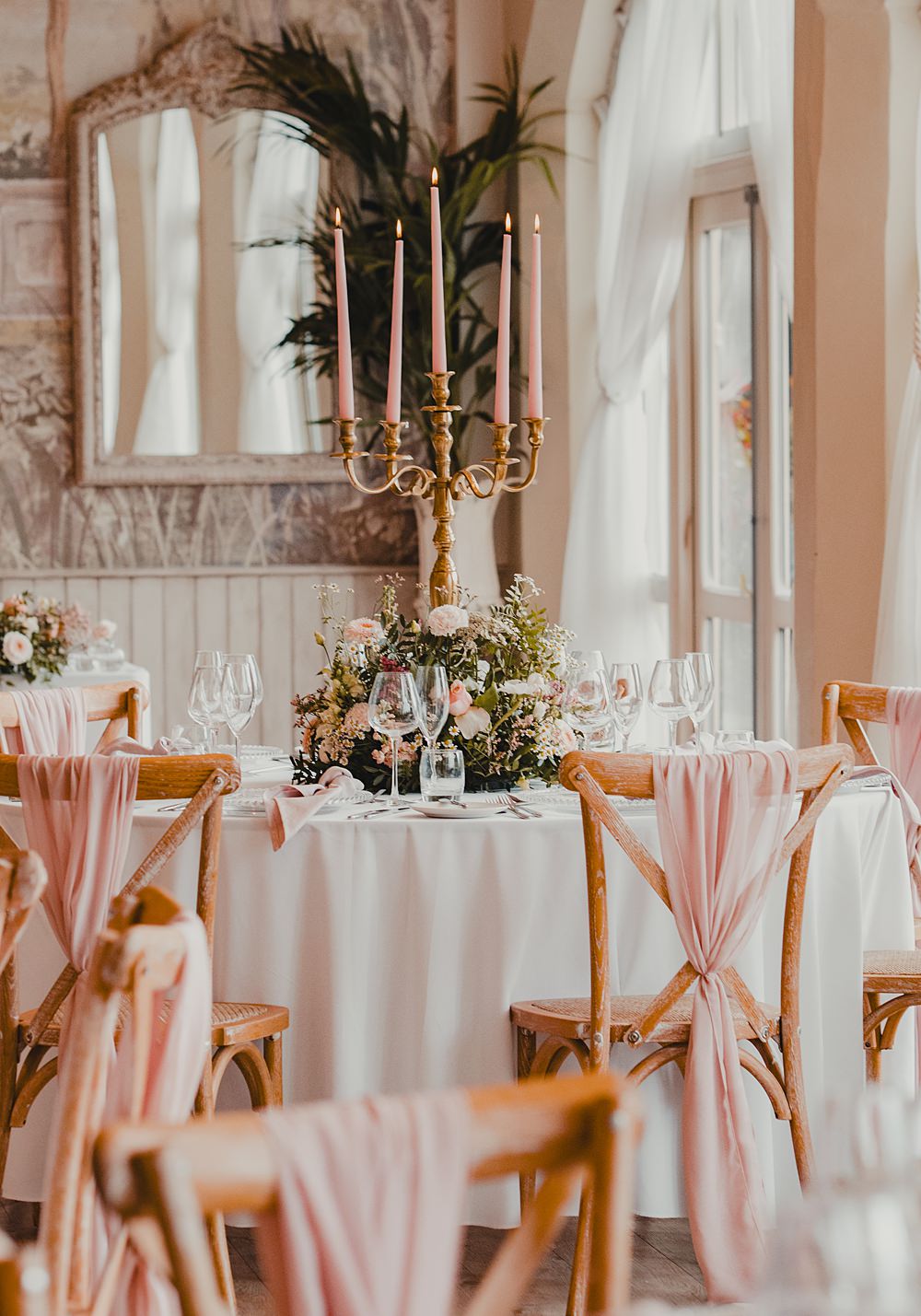 Wennington Hall Wedding Ideas Studio Dark Round Tables Pink Candles Chair Sashes Pretty Flowers