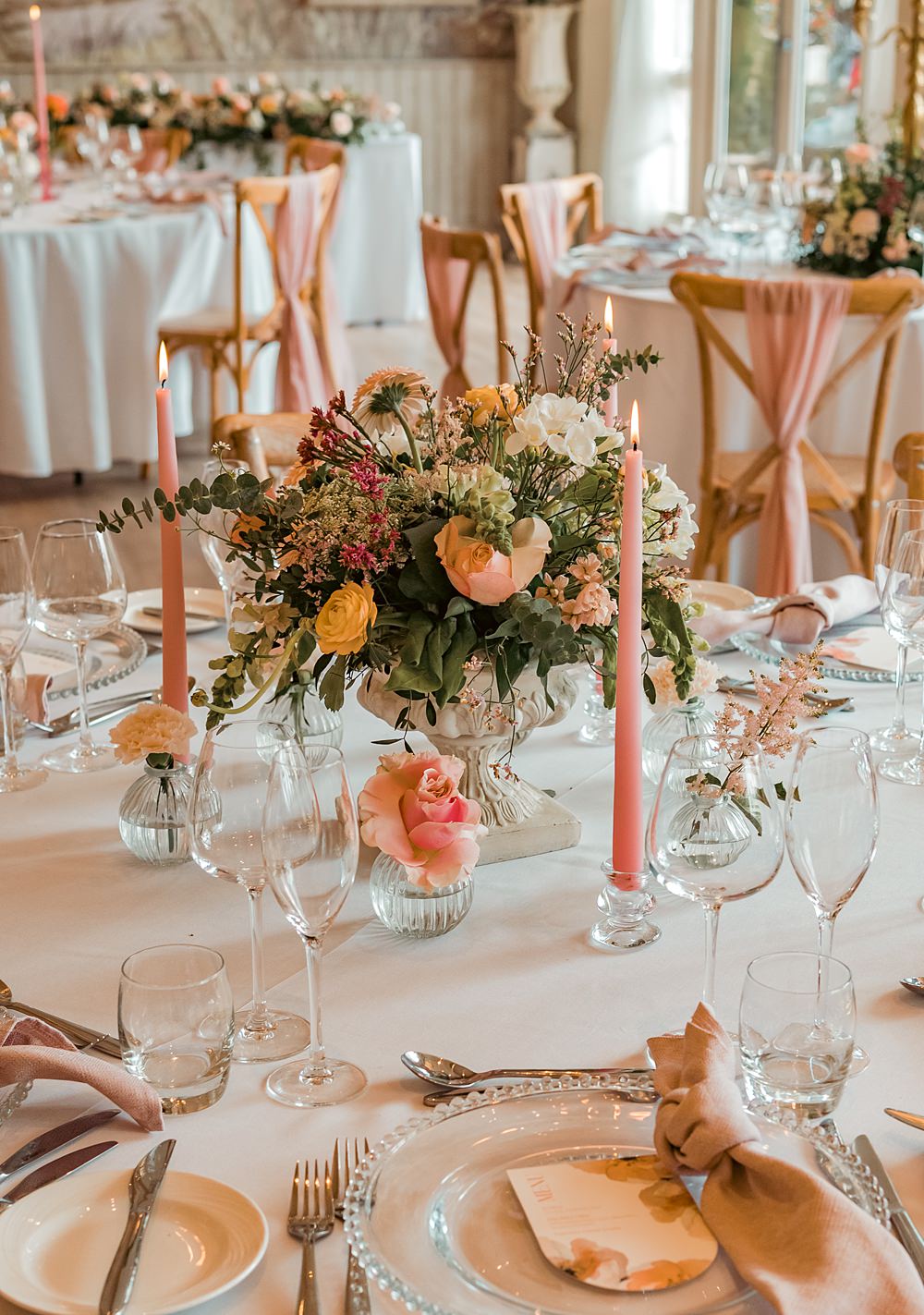 Wennington Hall Wedding Ideas Studio Dark Round Tables Pink Candles Centrepiece Pretty Flowers