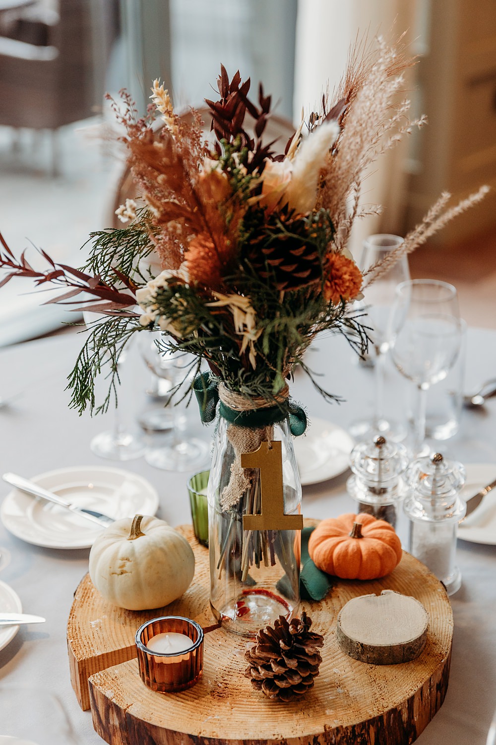 Clandeboye Lodge Hotel Wedding Silver Lace Photography Centrepiece Autumn Flowers Pumpkins