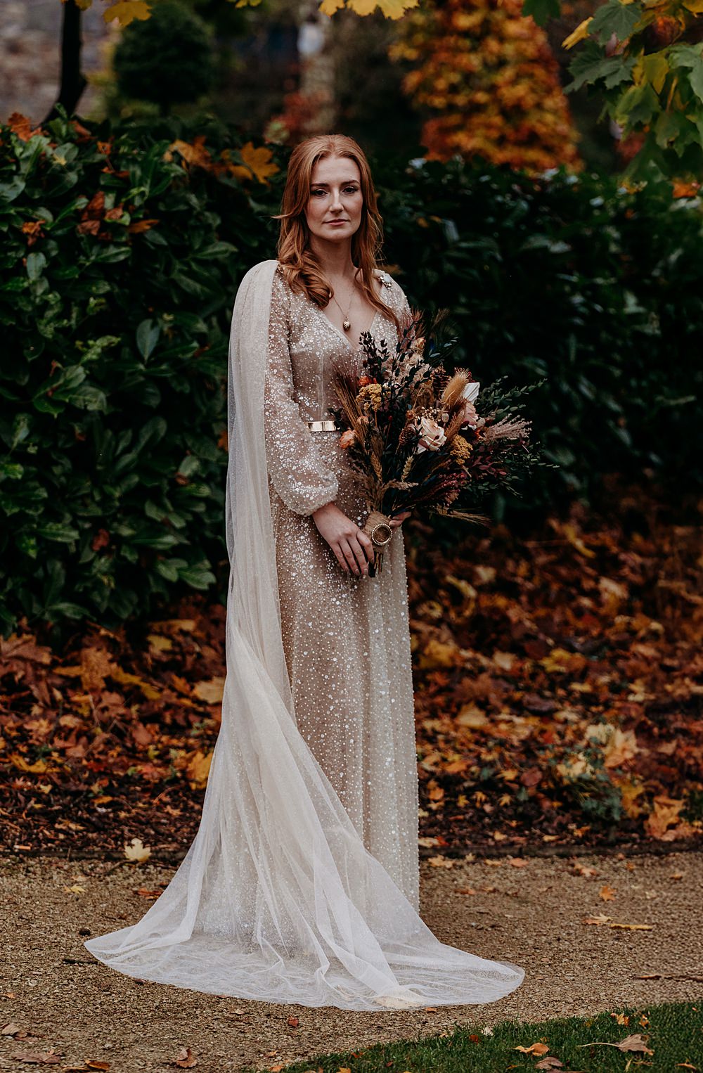 Clandeboye Lodge Hotel Wedding Silver Lace Photography Glitter Gold Dress Belt Cape Veil