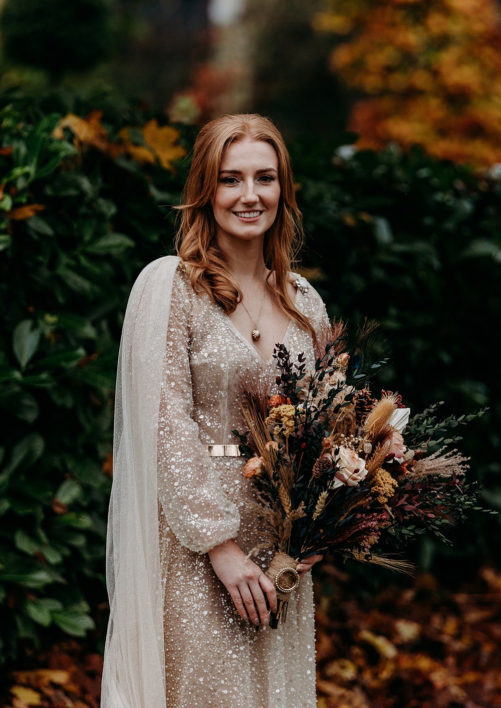 Clandeboye Lodge Hotel Wedding Silver Lace Photography Large Autumn Bouquet Flowers Bride