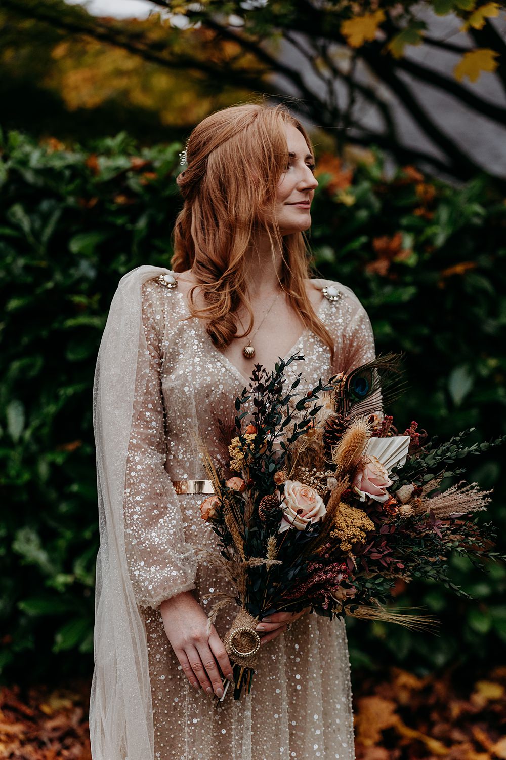 Clandeboye Lodge Hotel Wedding Silver Lace Photography Glitter Gold Dress Belt Cape Veil