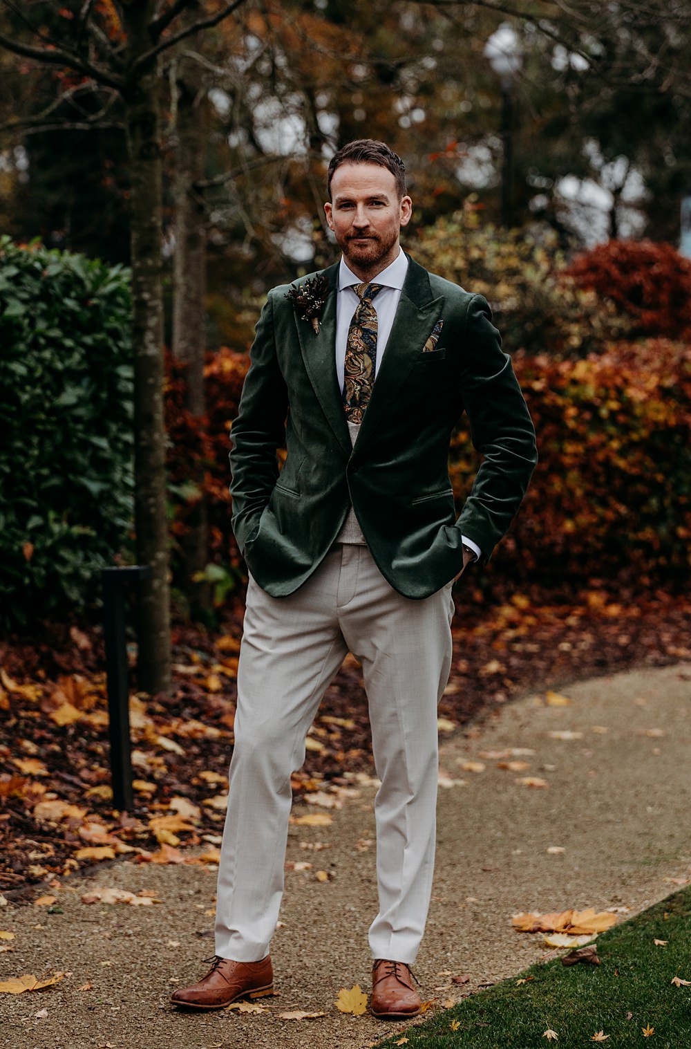 Clandeboye Lodge Hotel Wedding Silver Lace Photography Green Velvet Jacket Groom
