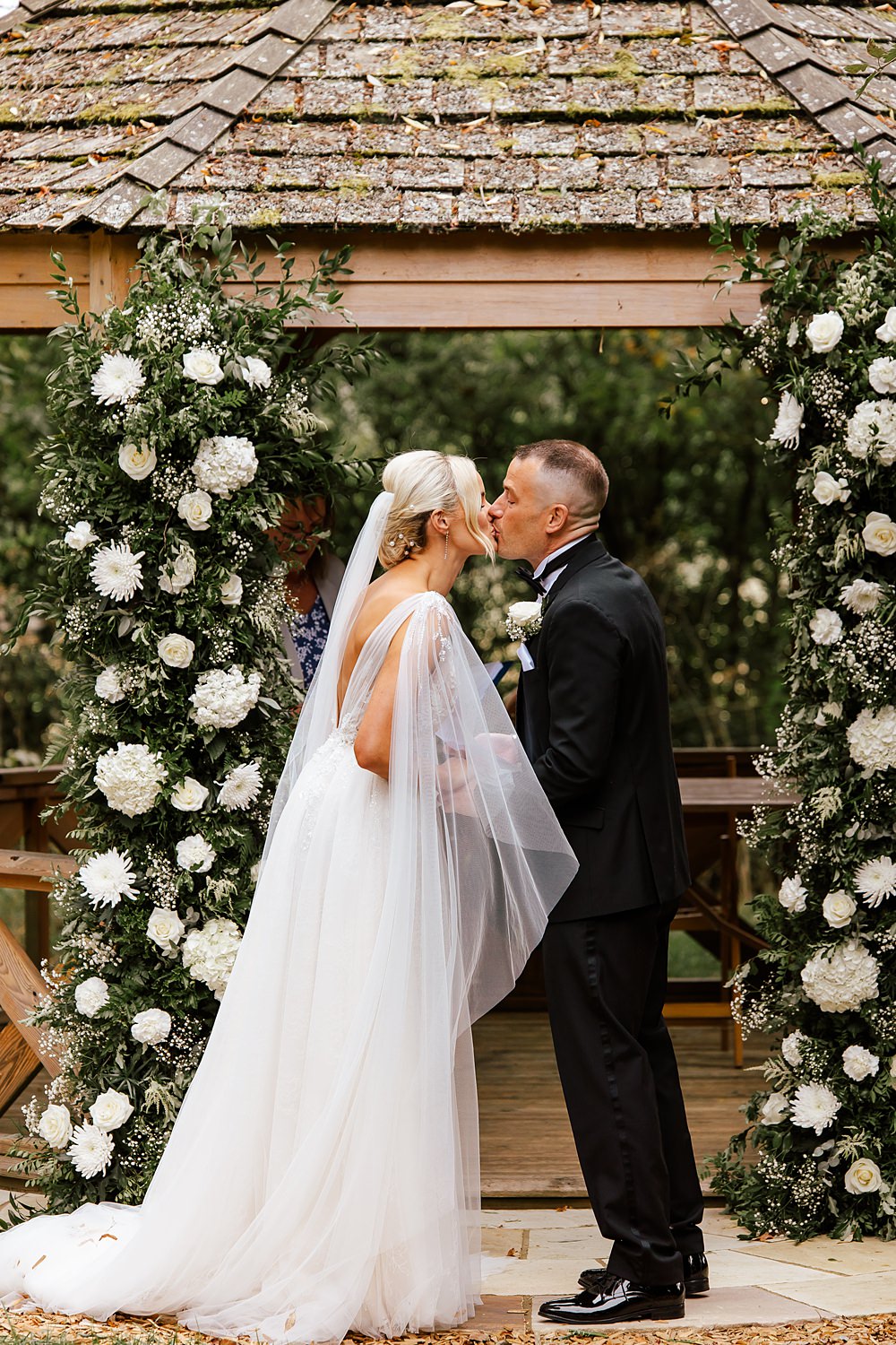 Crockwell Farm Wedding Amara Grace Photography White Flower Pillars Backdrop Ceremony