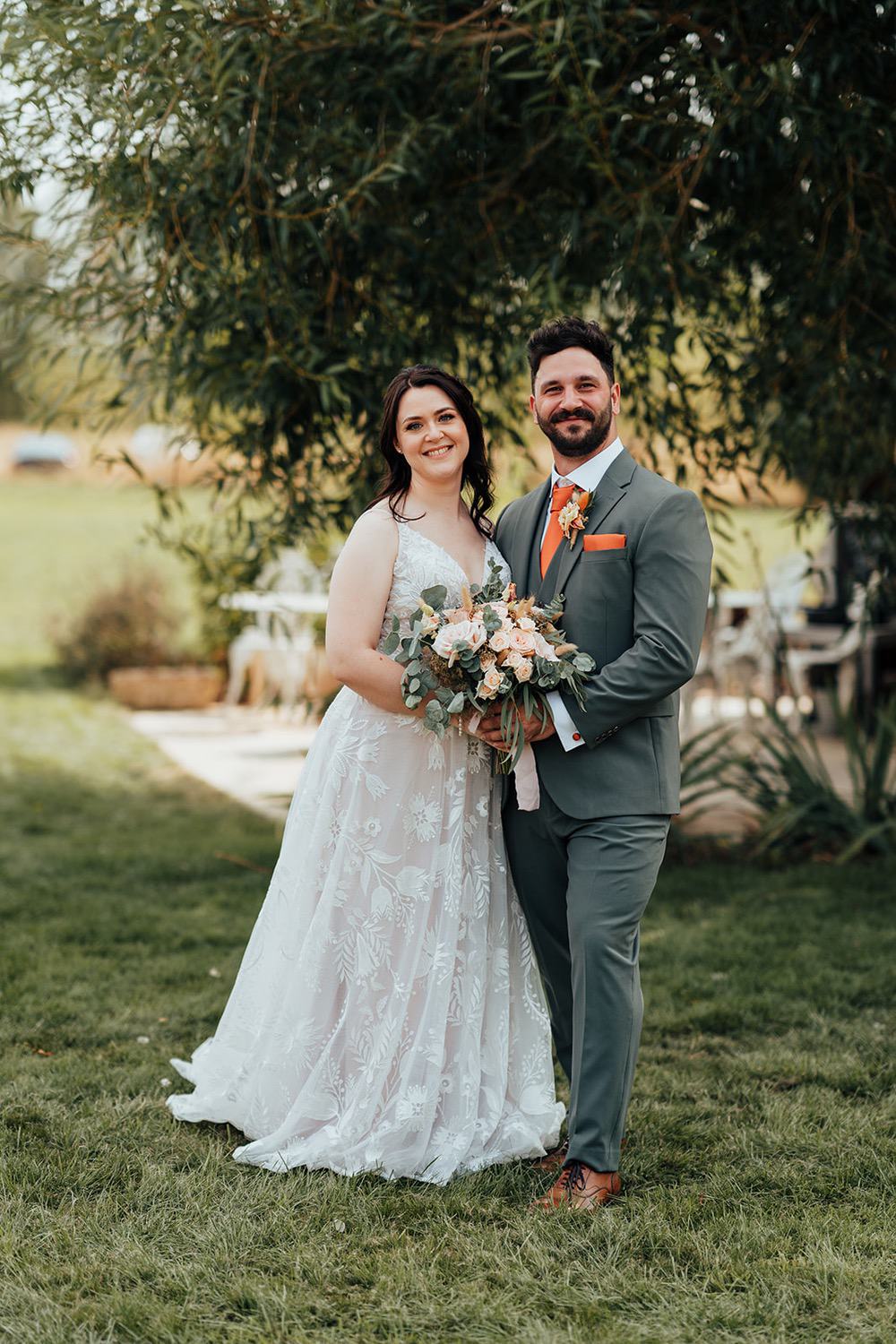 Mr Moleceys Marvellous Mill Wedding Nathan Walker Photography Lace Tulle Dress Bride Grey Suit Orange Tie Groom
