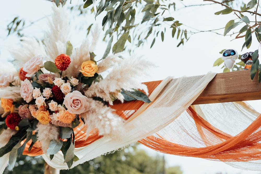 Mr Moleceys Marvellous Mill Wedding Nathan Walker Photography Backdrop Flowers Pampas Grass Drapes
